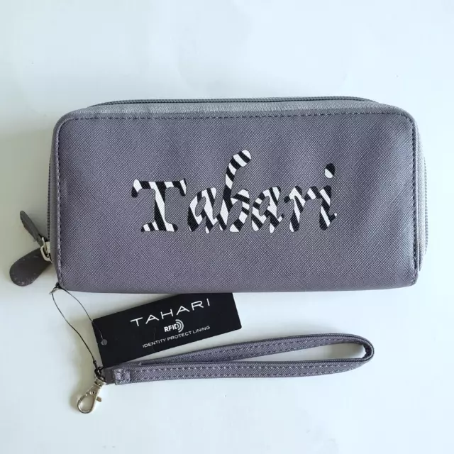 Tahari Wallet Wristlet Gray Clutch Zebra Print Logo Double Zip ID Protection NWT