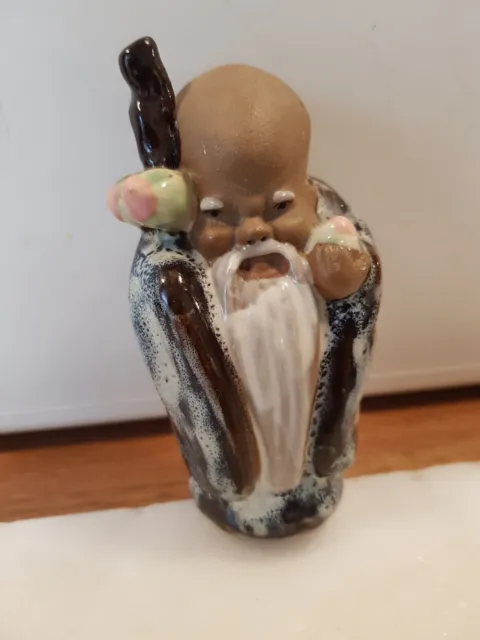 Small Vintage Oriental Longevity Mudman Figurine Old Wise Man Glazed H4" vgc