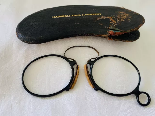 ANTIQUE Black Bakelite PINCE Nez SPRING BRIDGE Eye glasses  SPECTACLES with Case