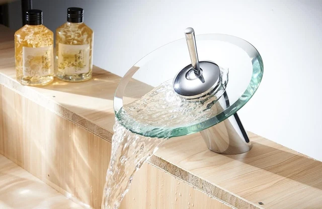 Funime Glass Basin Taps Waterfall Bathroom Sink Mixer Taps Modern With Hoses 2