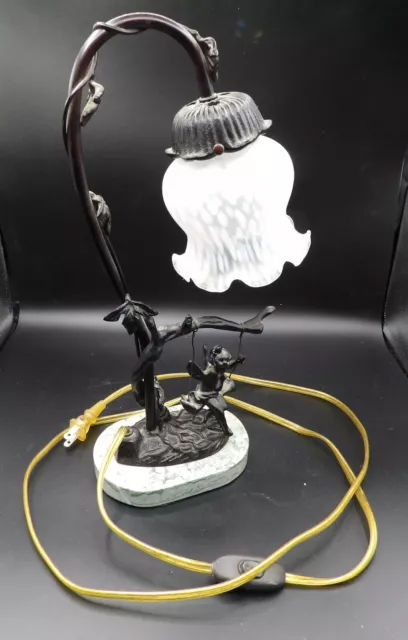 Metal Decorative Fairy on Swing Table Lamp Stone Base Flower Shape Glass Shade
