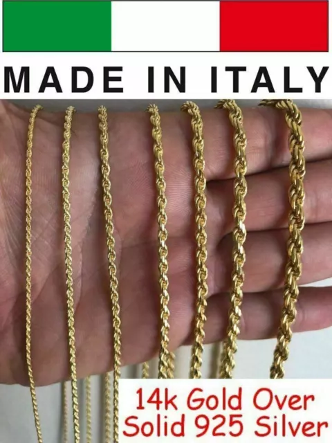 Men's Women's Real 14k Gold Plated Solid 925 Sterling Silver Rope Chain 1.5-5mm