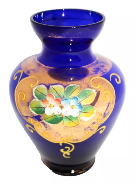 Bohemia cobalt glass vase Trefuochi applied gold enamel hand-painted  12.5cm