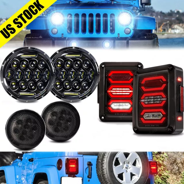 7inch LED Headlights Turn Tail Lights Kits  Combo For Jeep Wrangler JK JKU 07-17