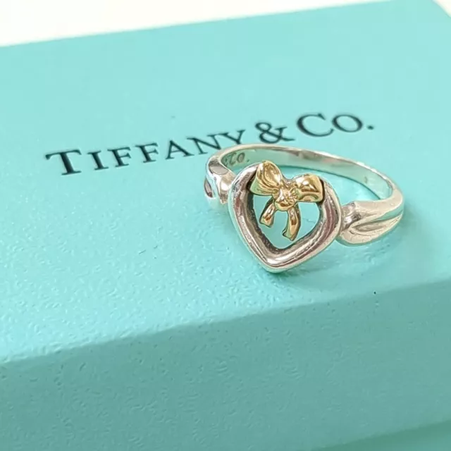 Tiffany & Co Sterling Silver 18k Gold Heart Ribbon Ring 925 /750 Used from Japan