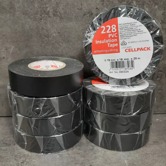 8 Rollen Cellpack PVC Isolierband 390334 No.228 schwarz 20m x 19mm VDE