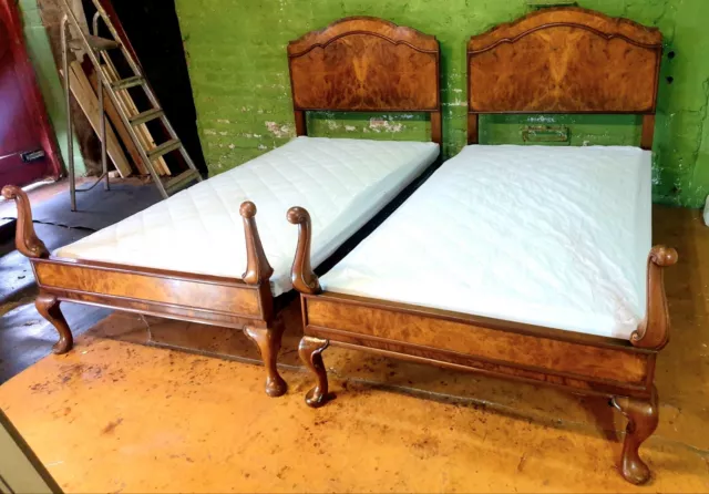 Art Deco pair of adult walnut single beds 1930s with original sprung bases