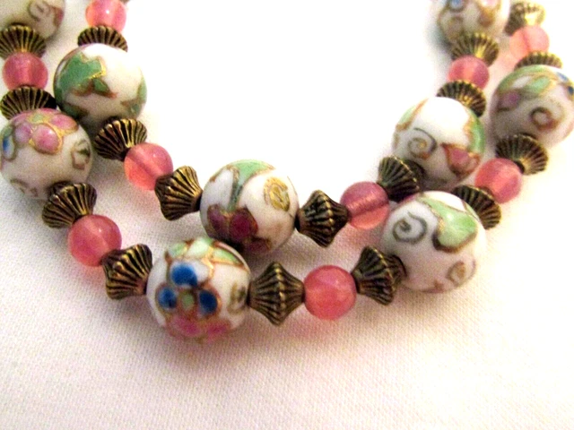 Vintage 20" Cloisonne Flower Chinese Porcelain Beads & Rose Quartz Necklace