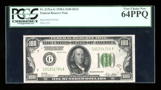 DBR 1928-A $100 DGS FRN Chicago Fr. 2151-Gdgs PCGS 64 PPQ Serial G01254754A