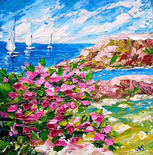 Bougainvillea Oil Painting Grecia Seascape Wall Art Barca a vela Santirini...