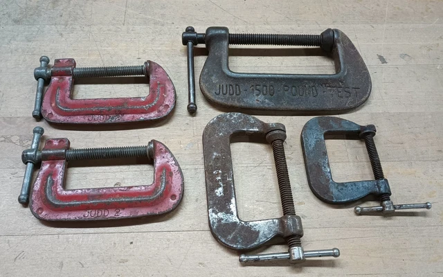 Lot of 5 Vintage Adjustable 1.25", 2", and 3" C-Clamps Cincinnati, Judd