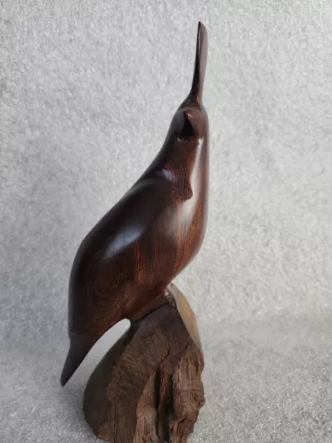 Handmade Wooden Quail Figurine -On Log- Dark Finish- Dense Wood