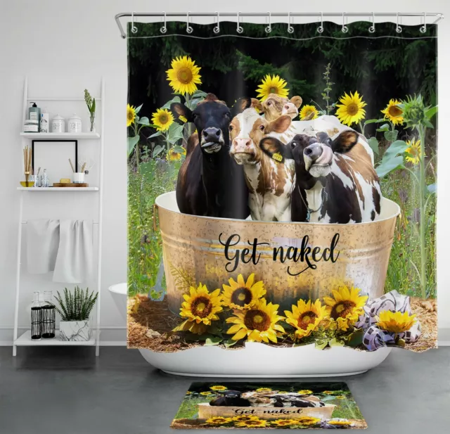 Rustic Farmhouse Cow Shower Curtain Set Funny Word Sunflower for Bathroom Decor