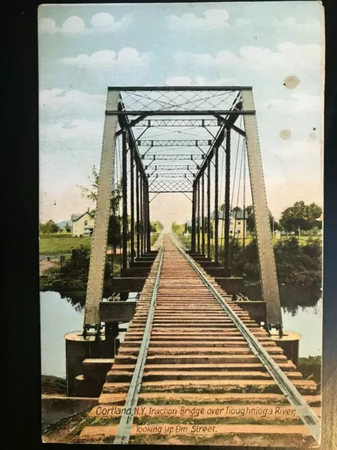 Vintage Postcard 1908 Traction Bridge Tioughnioga River Elm Str. Cortland N.Y.