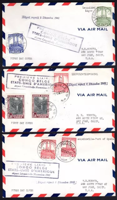 Belgium Congo 1941 Three First Flight Covers Leopoldville To Us