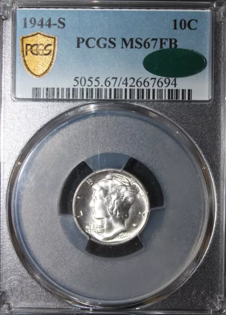 1944-S MS67FB Mercury Dime, PCGS 42667694 CAC 3