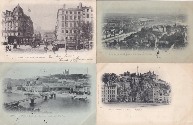 Lot de 4 cartes postales anciennes old postcards LYON timbrées brouillard 3