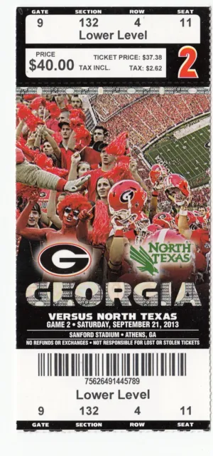 2013 Georgia Bulldogs Vs North Texas Football Ticket Stub 9/21/13