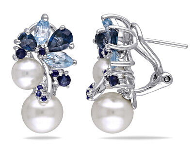 White Freshwater Pearl, Blue Topaz and Sapphire 3.0 Carat (ctw) Silver Earrings