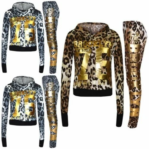 Bambini Brooklyn Corto Maglia con Cappuccio Set Leopardo Felpa Leggings Ragazze