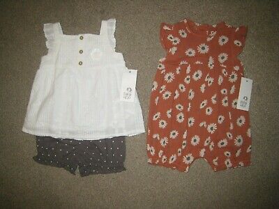 F&F GIRLS 2 x FLORAL ALL IN ONE TOP & SHORTS OUTFIT SET BUNDLE LOT - 3-6 MONTHS