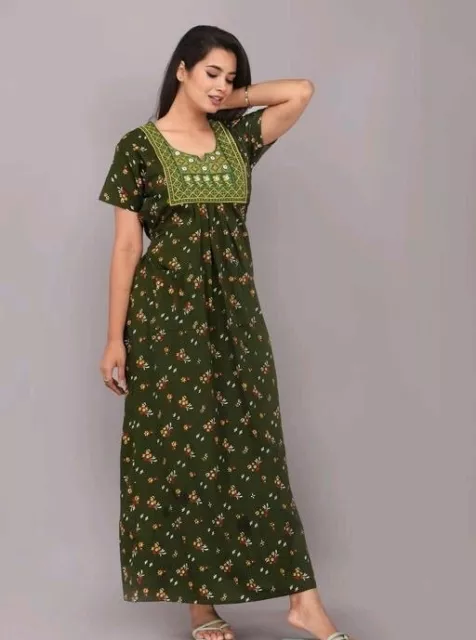 Indian Clothing Nighty Jaipuri Pattern Night Dress Green Color Maxi  For Women