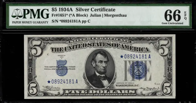 1934A $5 Silver Certificate FR-1651* - Star Note - Graded PMG 66 EPQ