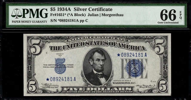 1934A $5 Silver Certificate FR-1651* - Star Note - Graded PMG 66 EPQ