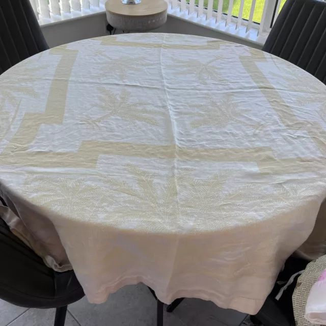 Vintage Ivory Cream Linen Damask Tablecloth 65” X 65” Square Irish Palm Tree