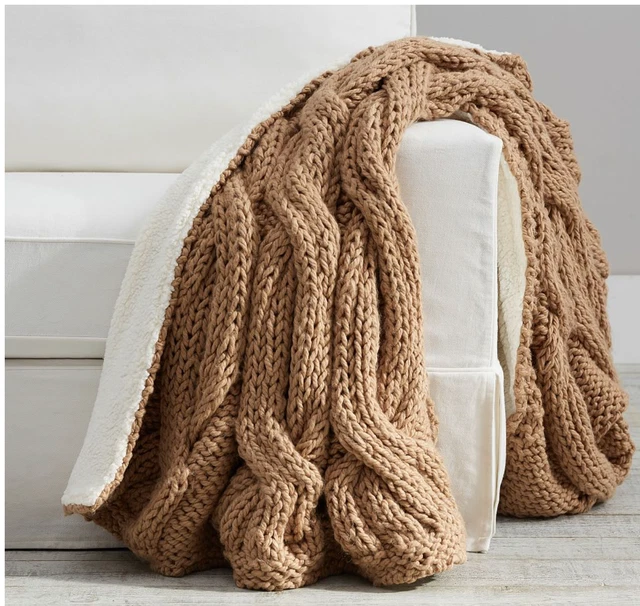 Nuevo Cable Tejido a Mano Alpino Grueso Lanzamiento Trasera Sherpa - Camello - 50x60