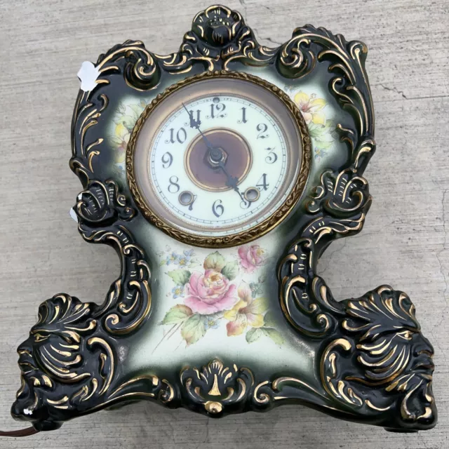 Antique Waterbury Porcelain Clock - Parlor No. 93 Mantle Clock w/pansies Chipped