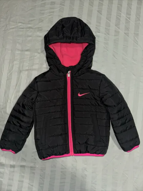 Girls Nike Full-Zip Hooded Puffer Jacket Coat Size Toddler 12M Black Pink Kids