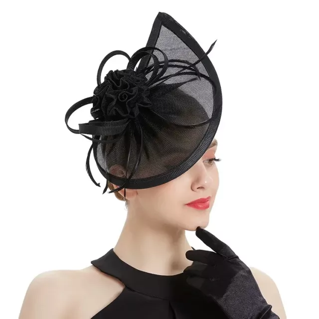 Stunning Black Sinamay Fascinator With Matching Feathers & Flower On Headband