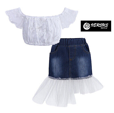 Bambina Maglia Top Spalle Scoperte Gonna Jeans Tulle Girl Skirt Set SETCH21