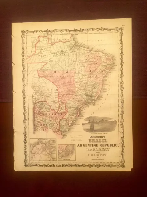 1863 Johnson & Ward Hand Colored Atlas Map:BRAZIL,ARGENTINE REB,PARAGUAY,URUGUAY