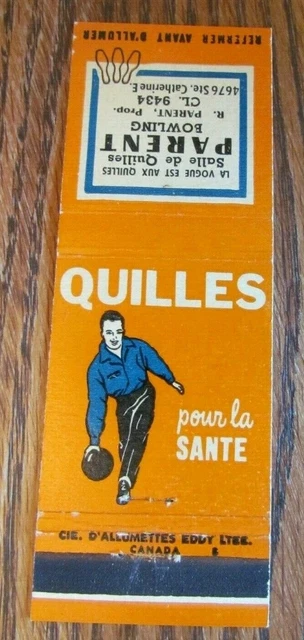 BOWLING: PARENT BOWLING (MONTREAl, QUEBEC) (SPORTS MATCHBOOK MATCHCOVER) -F2