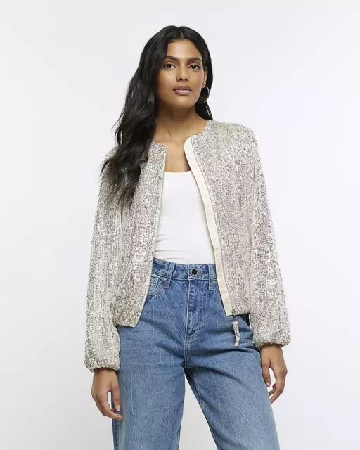 River Island Womens Silver Bomber Sequin Jacket Size L