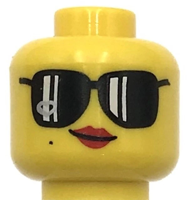 Lego New Yellow Minifig Head Female Black Sunglasses Red Lips Beauty Mark Part