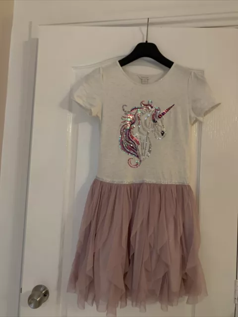 Bnwot Girls Monsoon Cream & Pink Sparkle Unicorn Dress Net Skirt Age 12-13 Years