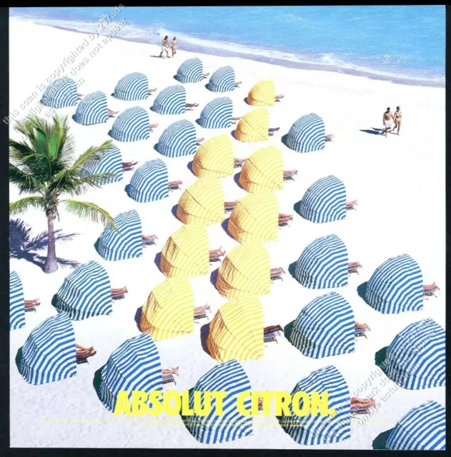 2001 Absolut Citron vodka bottle beach shelters photo vintage print ad