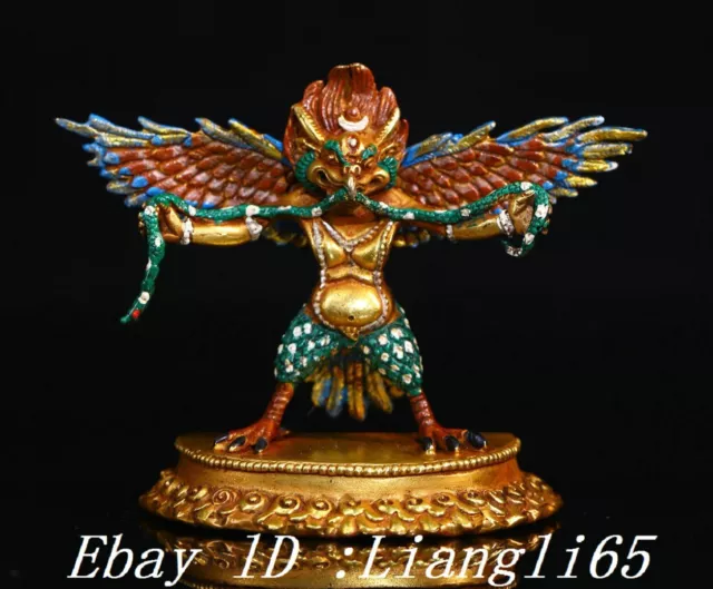 4" Bronze Gilt Malerei Redpoll Winged Garuda Vogel Adler Buddha Statue