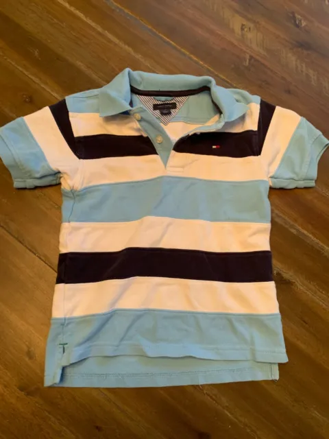 Tommy Hilfiger Boy's Polo Size Large L 7 Short Sleeve Blue Striped Shirt Kids