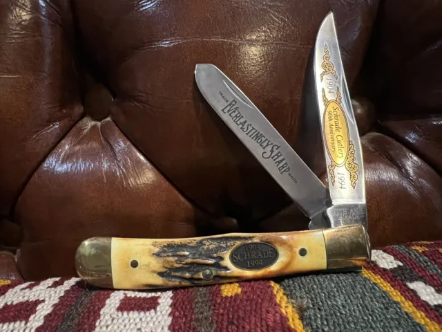 Schrade 90Th Anniversary Genuine Stag Trapper Knife Usa & 24K Gold 1994