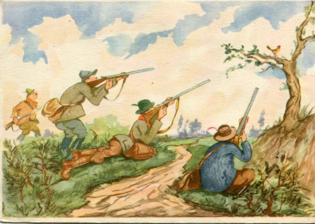 Carte Humour illustré sur la Chasse Les chasseurs avec fusil en joue