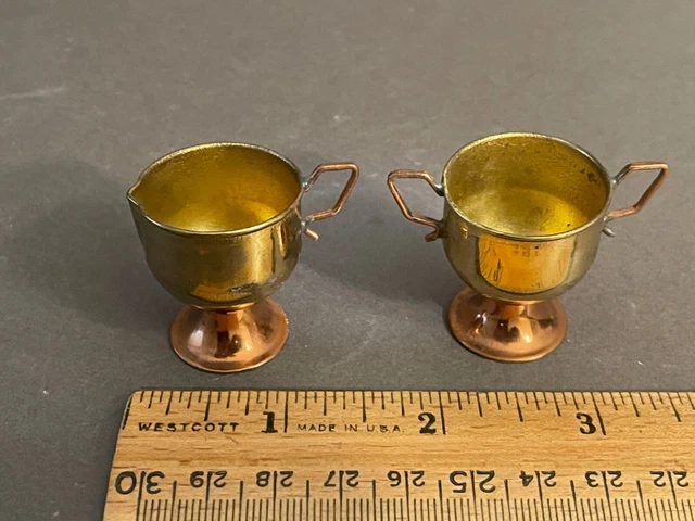 Vintage Brass & Copper Tone Metal Sugar Bowl & Creamer Dollhouse Miniature