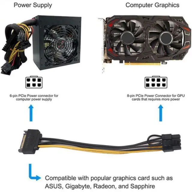 SATA 15 pin Male to 8 pin 6+2 PCI-Express PCIe Video Adapter. Power Graphic Y1N7