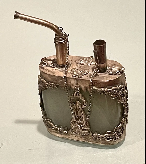 Vintage Antique Chinese Tibet Green Jade Silver Decorated Smoking Device Pipe