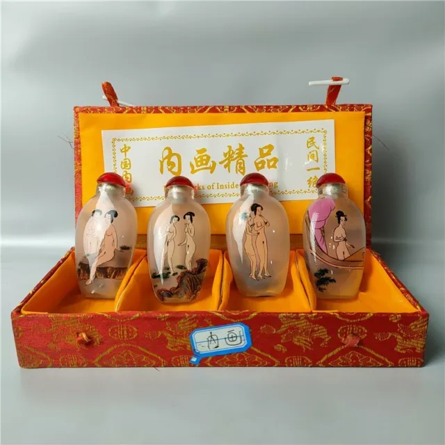 4PC Chinese folk art Glass Inside Painting Naked Belle human body Snuff Bottle