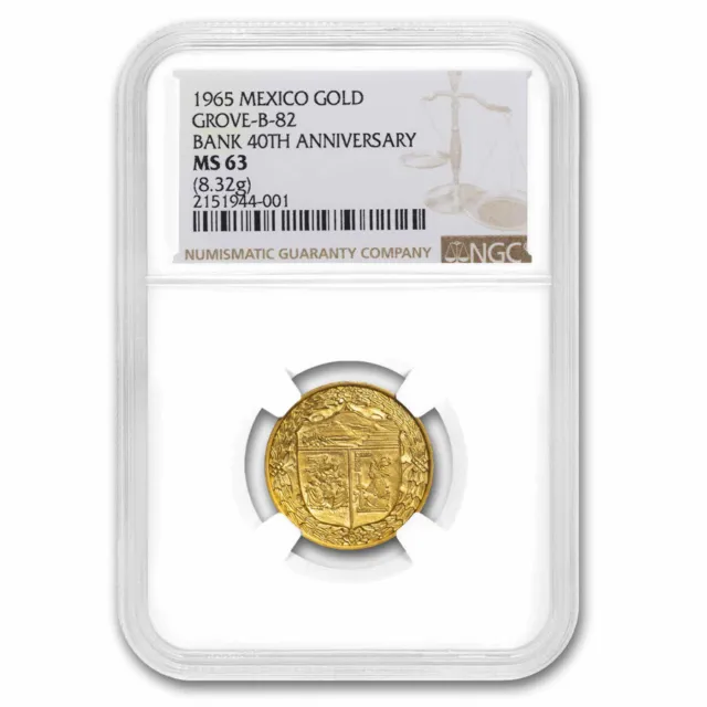 1965 Mexico AV Medallic 10 Peso Bank Ann MS-63 NGC (Grove-B 82)