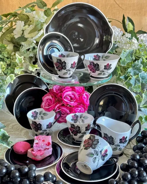 Royal Albert Masquerade Tea Set for Four: Teacups; Saucers; Plates; Milk; Sugar
